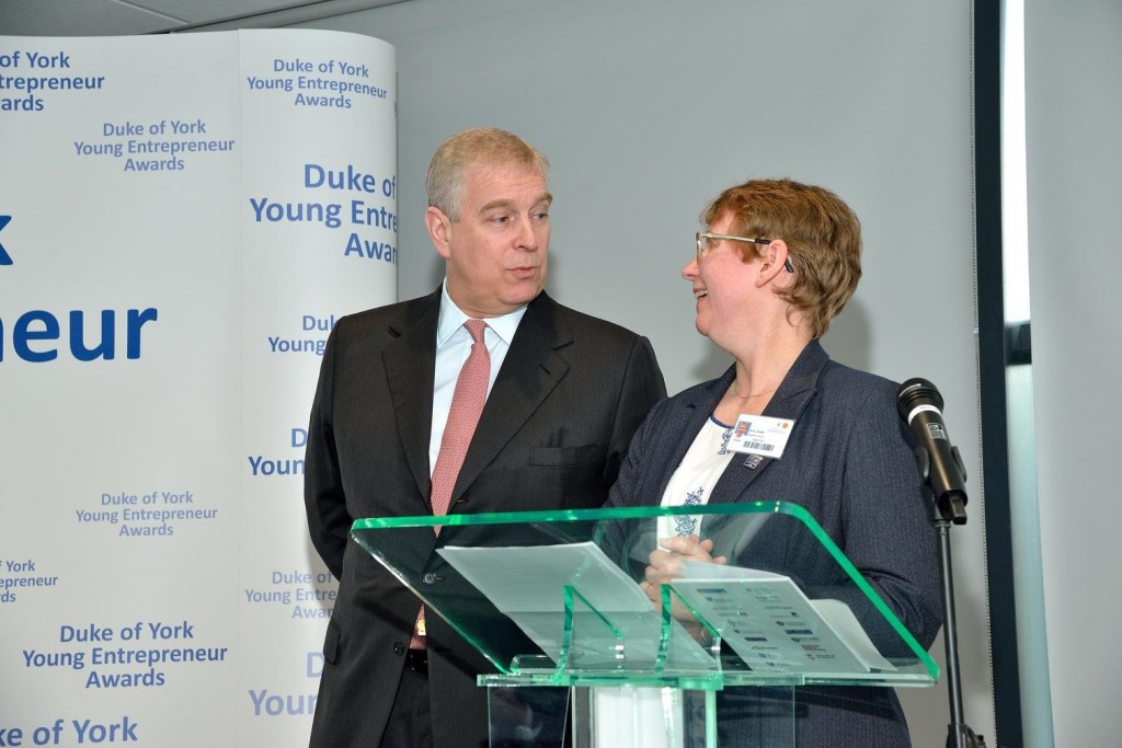 Kelly Smith shares a joke with the Duke of York at the 2016 Duke of York Young Entrepreneur Awards